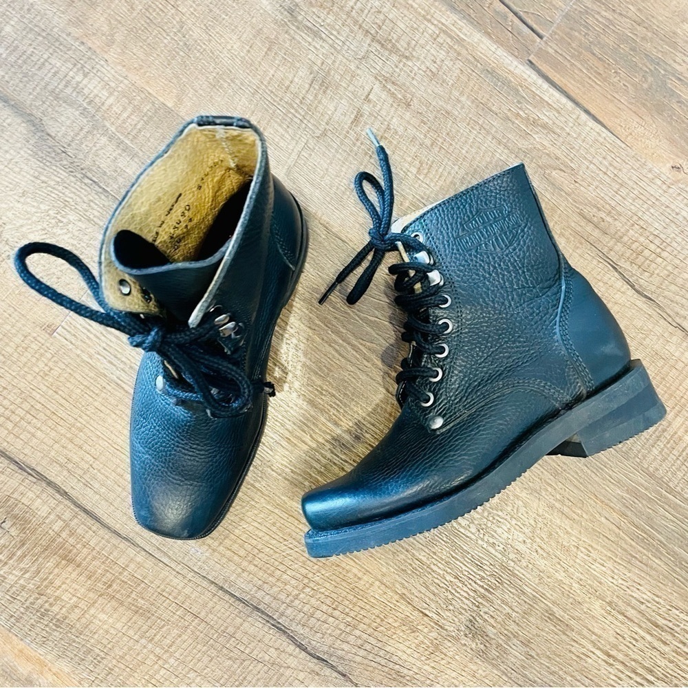 Harley Davidson Vintage Black Pebbles Leather Square Toe Lace Up Boots